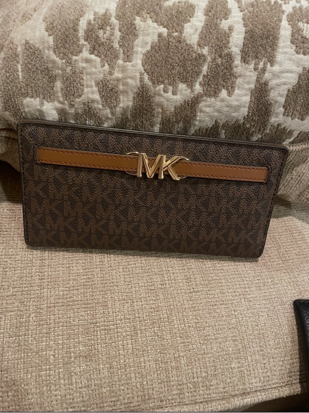 Michael Kors Brown Monogram Continental Wallet with Gold MK Accent and Tan Trim
